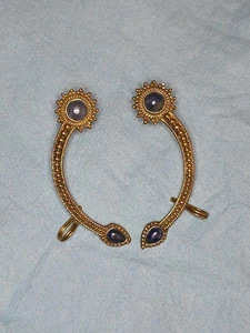 Vintage Brass Cuff Earrings Lapis Lazuli Floral Accents Climbers - Picture 1 of 9