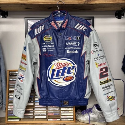 Vintage Rusty Wallace Leather Nascar Racing Miller Lite Beer Jacket Sz M 292 - Image 1 of 4