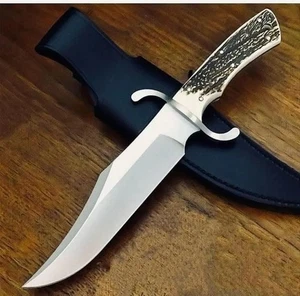 Handgeschmiedetes Bowiemesser aus High Carbon Stahl - Hirschhorn Bowie mit Lederscheide - Bild 1 von 3