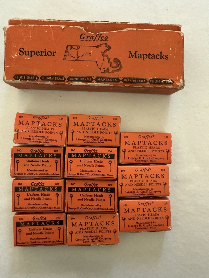 Lot of 11  VTG Map Tacks Boxes, GRAFF CO. Partial to Full,  Multicolors, Pushpin - Image 1 of 4