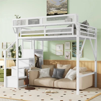 Full Size Metal High Loft Bed w/Storage Shelves,Storage Stairs & Wardrobe,White - Image 1 of 4