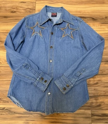 Vintage 70s Brittania Denim Western Shirt Stars Detail Leather Piping L - Image 1 of 4