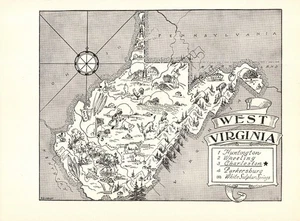 1950s Vintage West Virginia State Map Animated West Virginia Picture Map BW 2474 - Picture 1 of 3