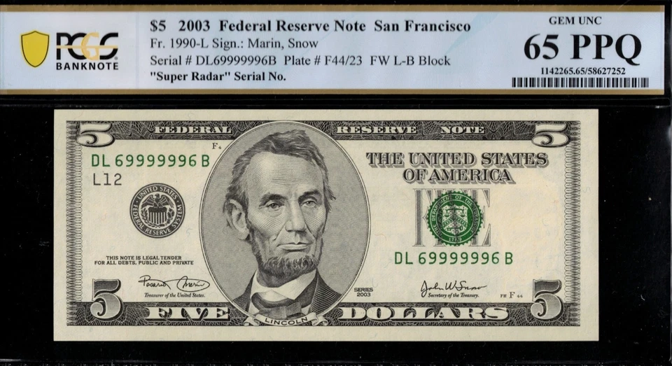 2003 $5 FRN DL69999996B P.C.G.S #65PPQ - Image 1 of 3