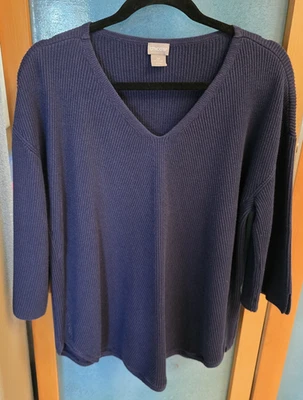 Suéter Pullover Chico's 3P Azul Oscuro Cuello en V Mezcla de Algodón Manga 3/4 Foto 1 de 4