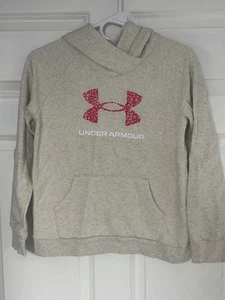 Under Armour Hoodie Sweashirt Youth Large Girls Tan With Pink Logo Pullover Hood - Picture 1 of 2