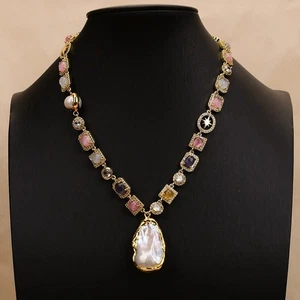 Natural Mix Color Cat eye Cz Chain White Pearl Necklace Keshi Pearl Pendant - Picture 1 of 13