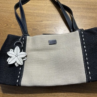 Relic Black & Ivory Woven Coated Canvas Shoulder Purse Flower Charm please read - Image 1 of 4