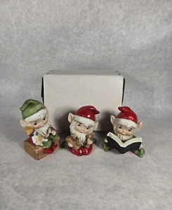 Set Of 3 Vintage Homco Christmas Elves 4" Ceramic Figurines Pixie 5406 Box - Imagen 1 de 9