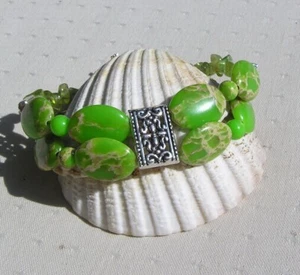 Green Sea Sediment Jasper & Peridot Gemstone Beaded Chakra Bracelet "Gigha" - Picture 1 of 7
