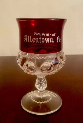 Ruby Stained Thumbprint Etched EAPG Glass Goblet Souvenir Allentown Pa 5.5”T - Image 1 of 4