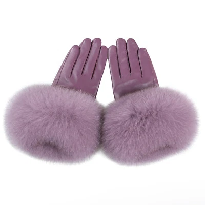 Women Genuine Lambskin Leather Gloves With Real Fox Fur Trim Cuff Winter Warm - Image 1 of 4
