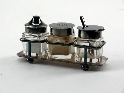 Birks Silver Tray - Salt Pepper Shaker Hinged Suger Bottle with Spoon - Image 1 of 3