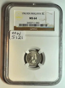 mw5121 Malaya; 5 Cents 1961 KN King Norton Mint Elizabeth II NGC MS64 KM#1 - Picture 1 of 3