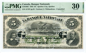 1883 $5 Banque Nationale - G G Overprint, Very Fine, PMG VF 30 - Picture 1 of 2
