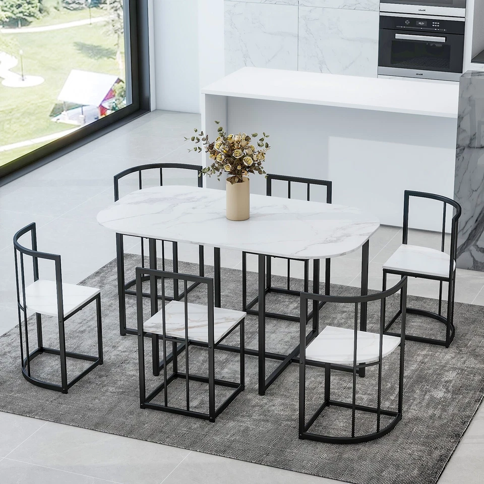 7-Piece Compact Dining Table Set with Faux Marble Kitchen Table & 6 Side Chairs - Image 1 of 2