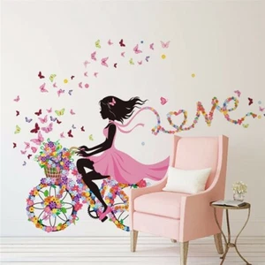 Butterfly Flower Girl Wall Stickers Fairy Art Decal Mural Home Kids Room Décor - Picture 1 of 9