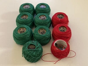 Mixed Lot of 10 DMC Floss Embroidery Thread Ball Christmas Red Green New & Used - Picture 1 of 6