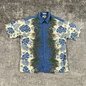 VTG Hawaiian Shirt Mens XL Blue Cream Floral Jungle Tiki Print 90s Rayon Aloha - Picture 1 of 10