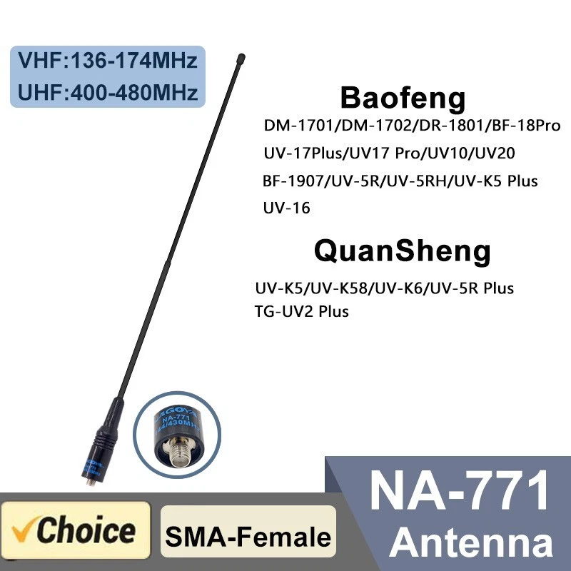 Antena Na771 Nagoya VHF/UHF SMA hembra para Quansheng UVK5 UVK58 Baofeng DM1701 Foto 1 de 4