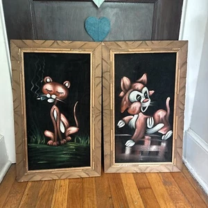 1970s Pink Panther Painting Lot On Black Velvet 23x13.5 - Picture 1 of 13