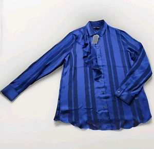 Banana Republic Semi Sheer Striped Ruffle Dillon Blouse Shirt Navy Blue Size M - Picture 1 of 11