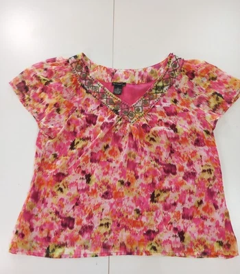 Women's Nue Options Abstract Pink Blouse Size PL Beaded V Neck Short Sleeve - Image 1 of 4