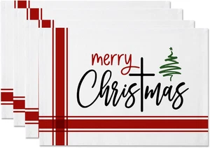 Christmas Red Stripe Placemats Set of 4 Xmas Tree Place Mats for Dining Table Wi - Picture 1 of 12
