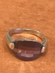 Estate Thailand 925 Marked Silver Band w Faceted Oval Purple Rhinestone Ring  - Picture 1 of 7
