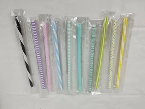 New Lot Of 10 Reusable Straws With Cleaners Assorted Colors Designs Patterns - Picture 1 of 12