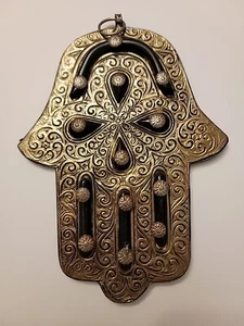 Handcrafted Handmade Moroccan Hamsa Khemissa Evil Eye Pendant,Black Stones 8"x5" - Picture 1 of 8