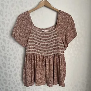 SO Smocked Babydoll Top Flutter Sleeve Juniors Size Large, Orange And Cream - Picture 1 of 10