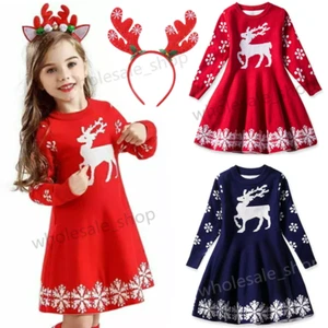 UK Kids Girls Christmas Elk Knitted Sweater Winter Warm Party Jumper Fancy Dress - Picture 1 of 15
