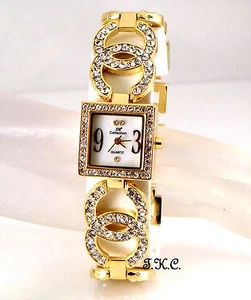 Classique Plaqué Or Double Baiser Robe Montre Avec Pétillant Cristaux Swarovski - Imagen 1 de 12