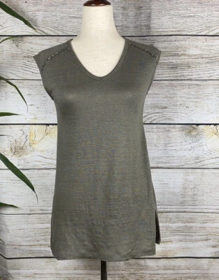 Camiseta Top Cynthia Rowley 100% Lino Cuentas Caqui Sin Mangas Cuello en V Talla S Foto 1 de 4