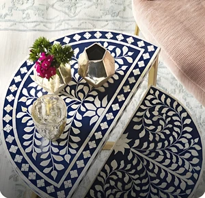 Bone Inlay Blue Half Moon Nesting Side Tables with Mosaic Top Diamond Pattern . - Picture 1 of 5