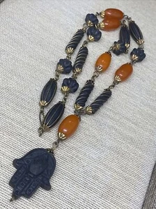 "Antiguo collar afrodisíaco Skhab cuentas ámbar africano baquelita hamsa 28""" - Imagen 1 de 6