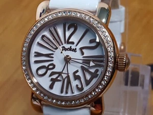 Ladies White Leather Rose Gold Swarovski Pocket Petite Pop-Art Watch PK1010 NEW - Picture 1 of 11