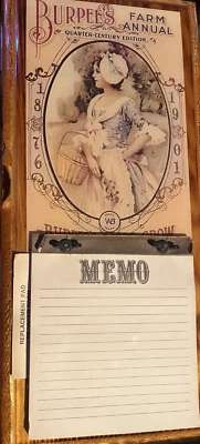 Vintage Lacquered Wood Memo Board Hanging Victorian Burpees Farm Annual - Image 1 of 3