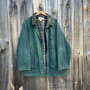 LL Bean Chore Coat Mens XL Plaid Lined Field Jacket Canvas Workwear Green Barn - Picture 1 of 19
