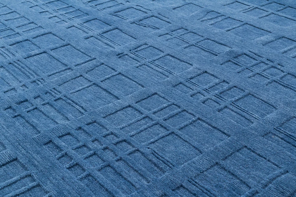 Alfombra de sala de estar moderna geométrica azul 8x10 acolchada a mano de lana alfombra de pelo alto-bajo Foto 1 de 4