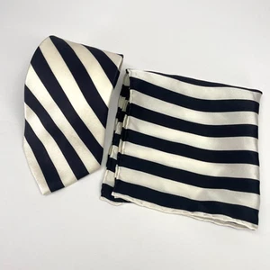 Brioni Neck Tie + Pocket Square Blue White Striped Silk Italy Diagonal Satin EUC - Picture 1 of 16
