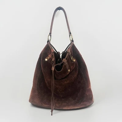 Lucky Brand Suede Shoulder Bag Brown Large Vintage Inspired Bucket Boho Cinch - Image 1 of 4