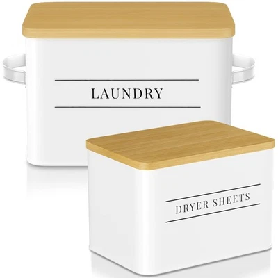 2 Set White Metal Dryer Sheets Holder, Lid, Storage Bins, Laundry, Organizer - Image 1 of 4