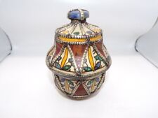 Vintage Moroccan Moorish Vase Ceramic Leather with Silver Filigree 5 1/2" tall