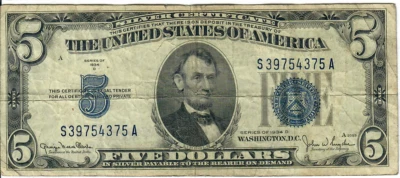 1934D 5$ Silver Certificate - Blue Seal - GNC/JWSy S39754375A - #13578 - Image 1 of 2