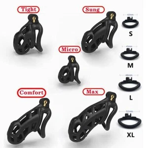 Male Chastity Cage Lock Device Kit W/ 4 Rings Virginity Device 5 Sizes Curve - Picture 1 of 11