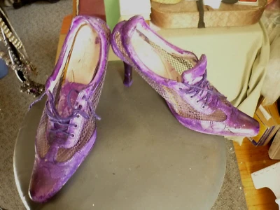Vintage Dyed Purple Witch Shoes-Pointy Toes, Spike Heels, Mesh Sides- Size 10 - Image 1 of 4