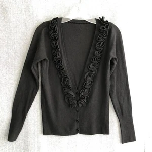 Womens Wool/Cashmere Ruffle V-Neck Long Sleeve Cardigan Black Goth S - Picture 1 of 12