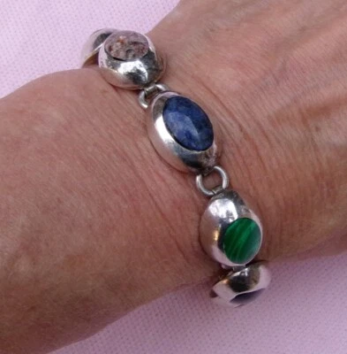 Vintage Heavy 925 Sterling Silver Mexico Multi Gemstone Egg Link Bracelet 8.25" - Image 1 of 4